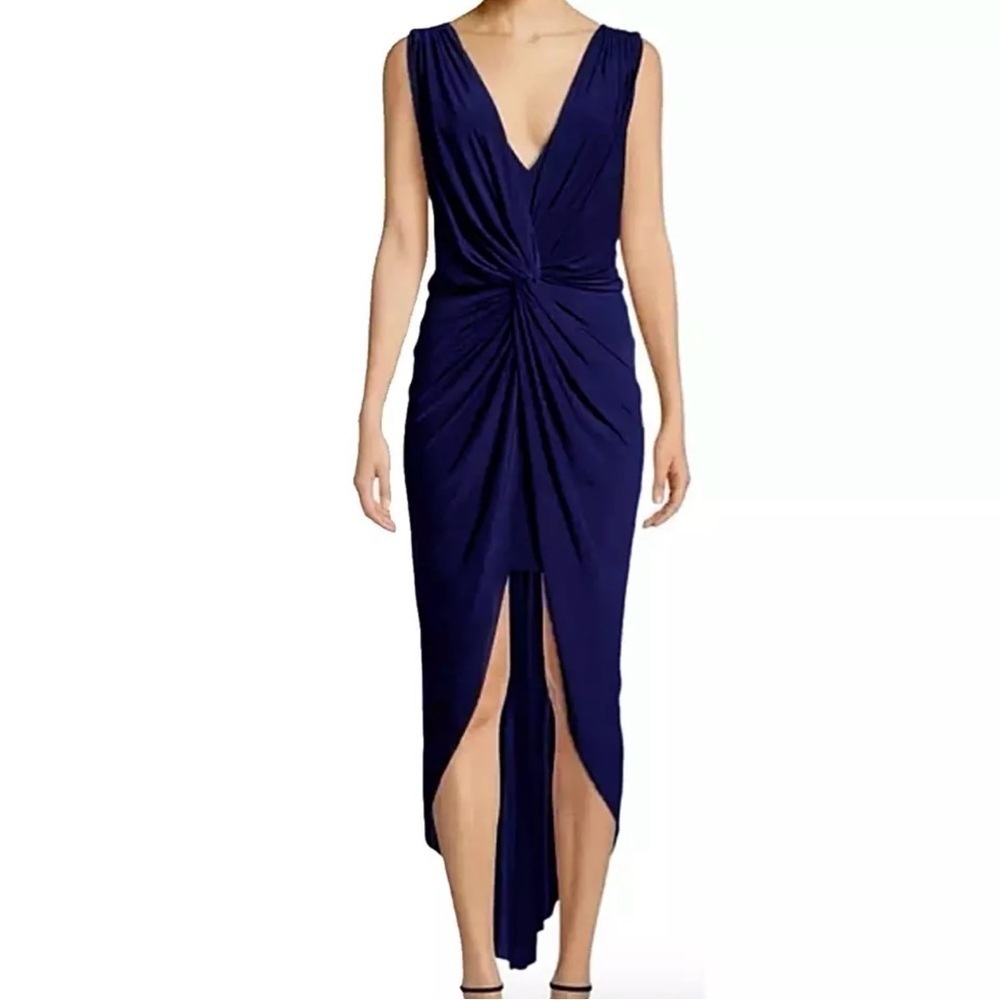 NWT Misa Leza Navy Gathered Crossover Plunge Hi-Low Jersey Dress Small